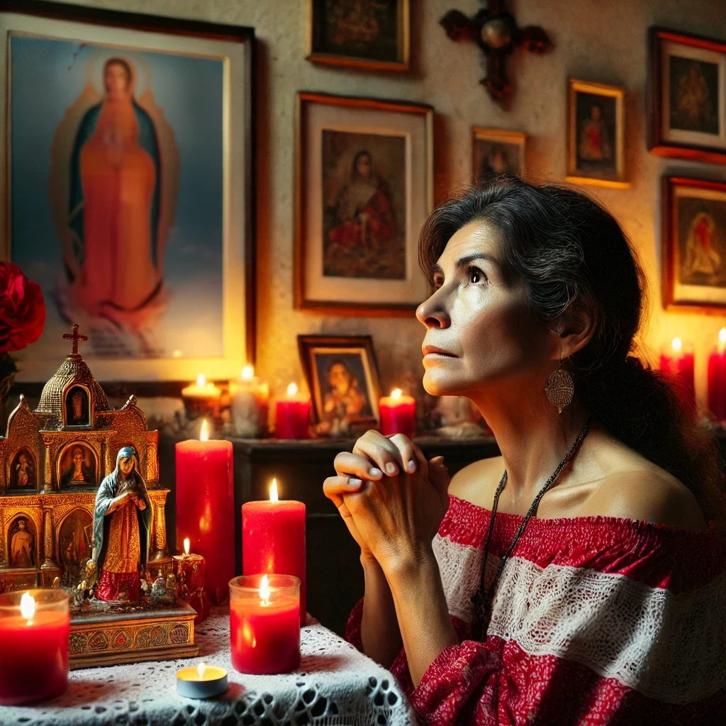 Madre recitando una oración a Santa Barbara